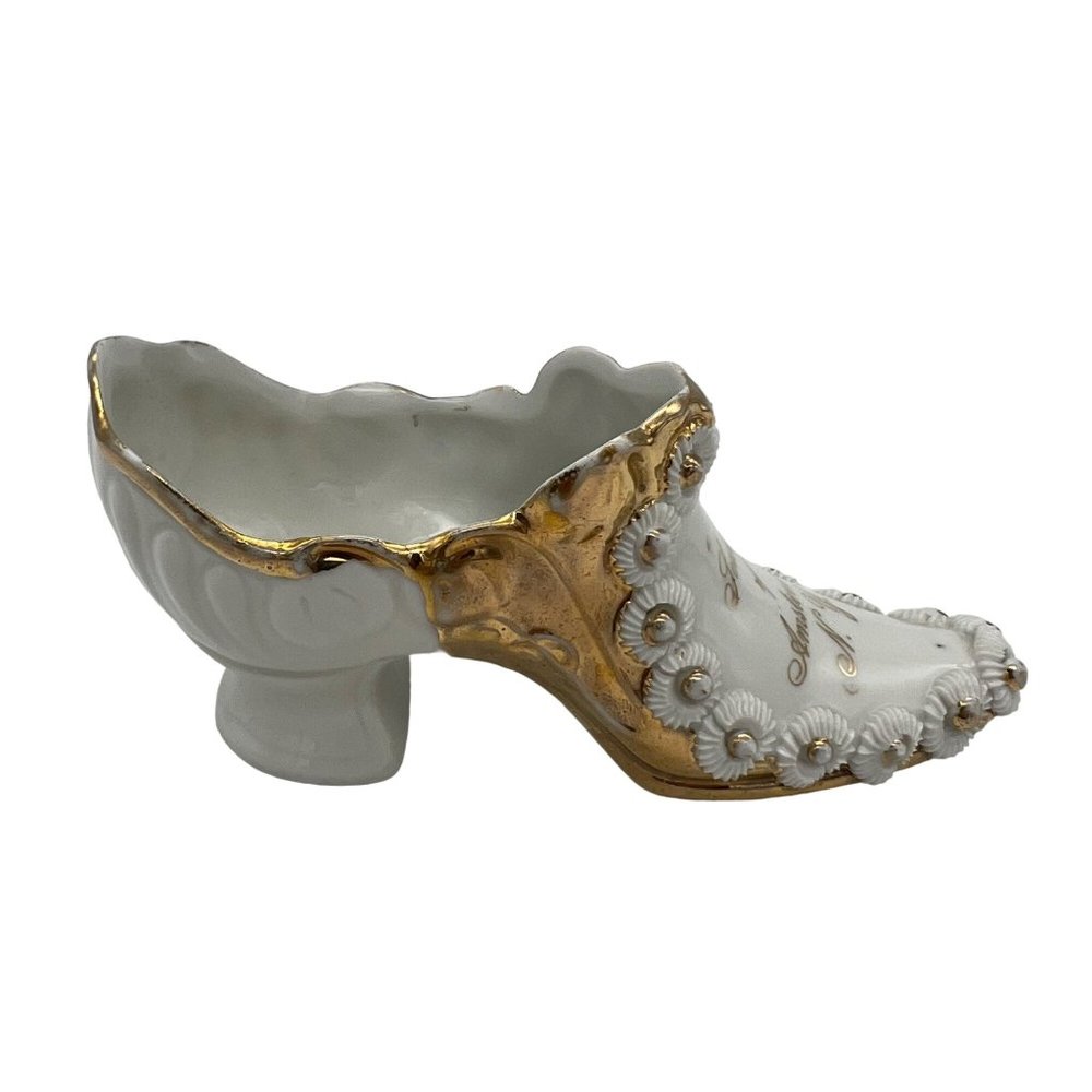 Vintage Porcelain Souvenir Shoe from Amsterdam New York White Gold Trim 6" Long - Picture 5 of 6